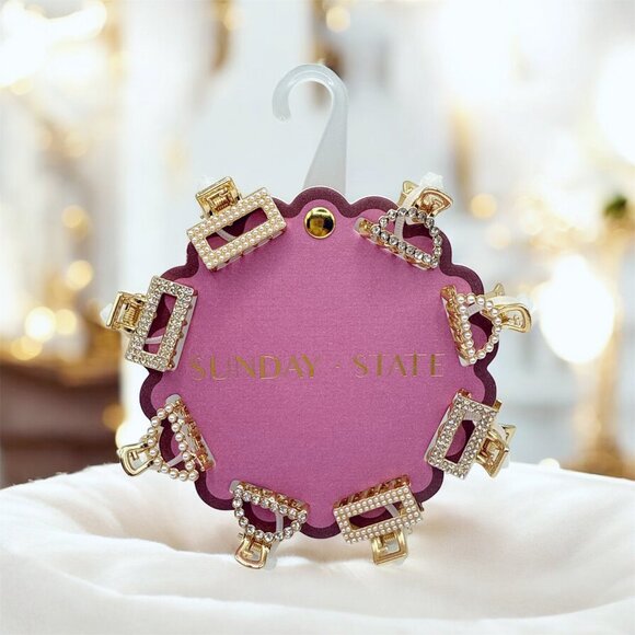 NEW 2x Sunday State - Pearl & Rhinestone Embellished Mini Claw Clips Gold/White - Picture 3 of 4